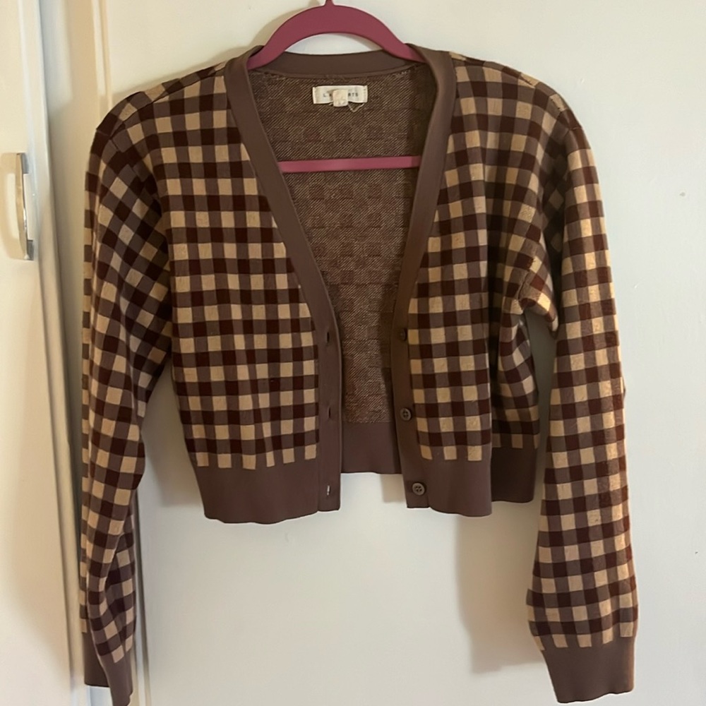 Checkered tan and brown button up sweater
